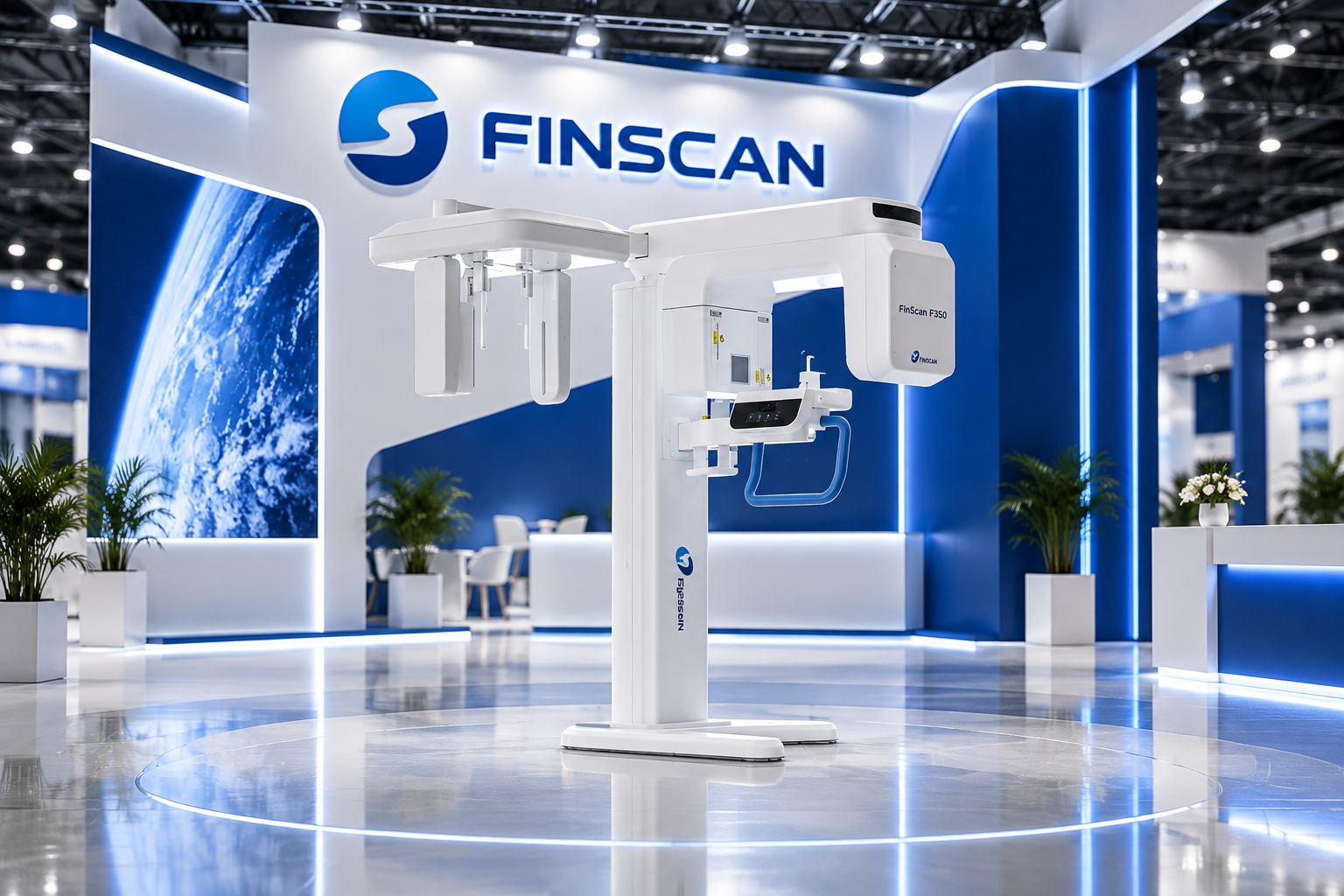 Выставочная визуализация FINSCAN F350 — томограф крупным планом на сине-белом стенде